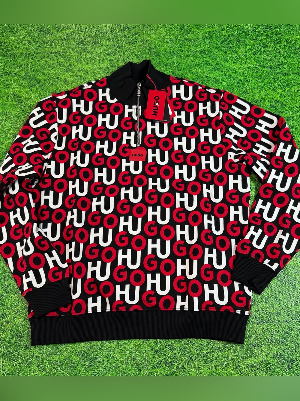 HUGO Black, Red & White All-Over Logo Half-Zip Sweater size medium